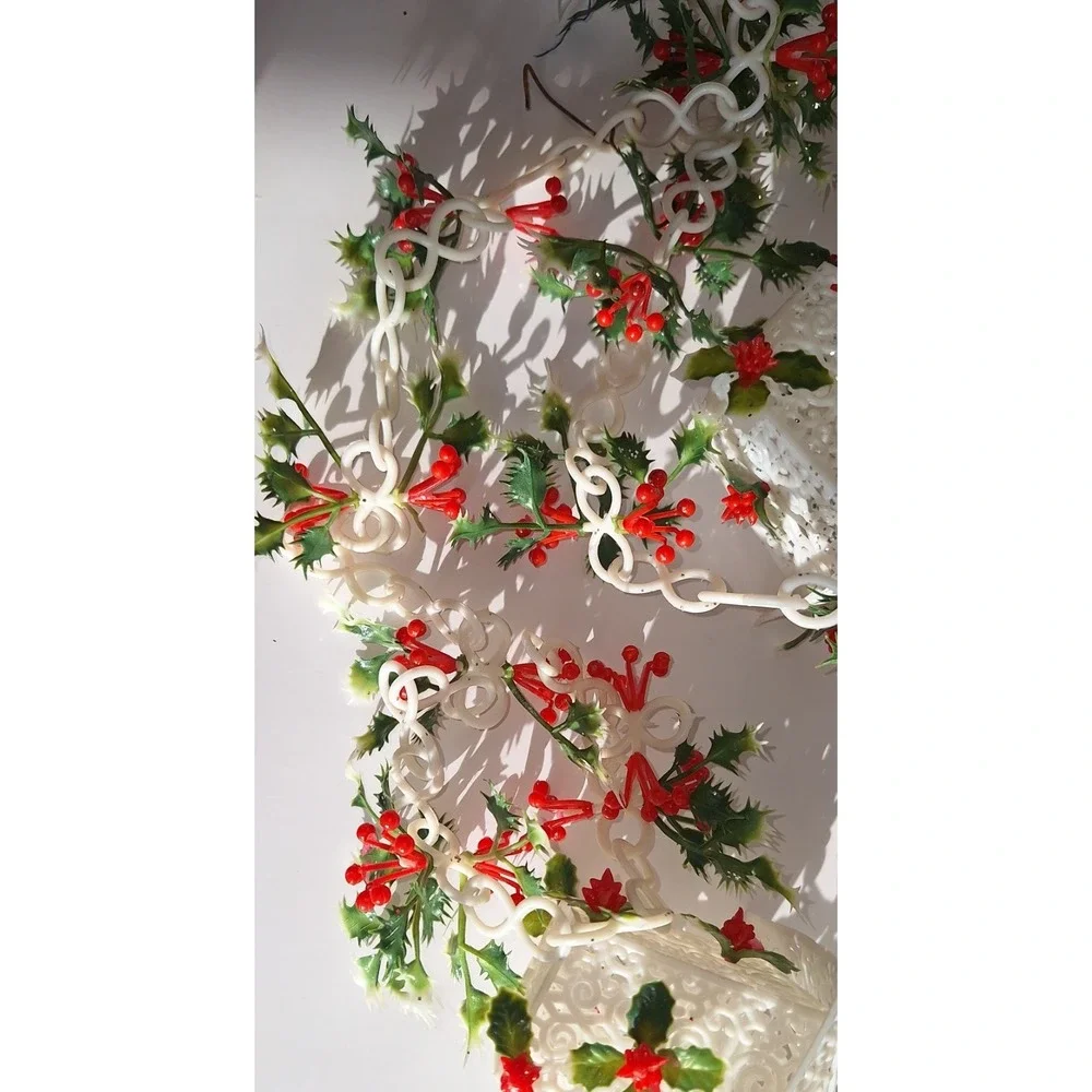 VTG MCM plastic Christmas garland houses holly snowman bell angel kitschy
